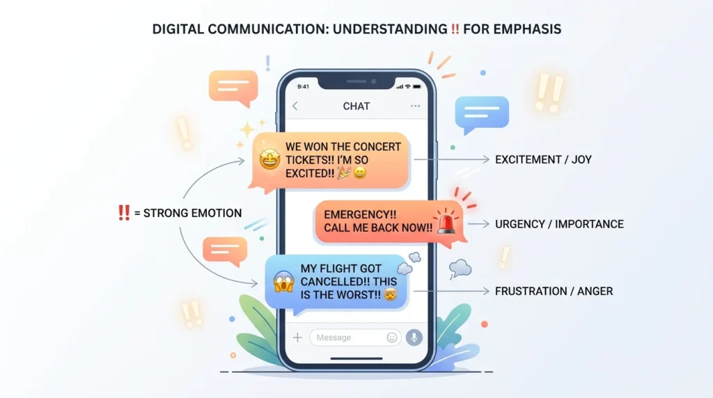 Detailed Meaning of !! in Text in Different Contexts