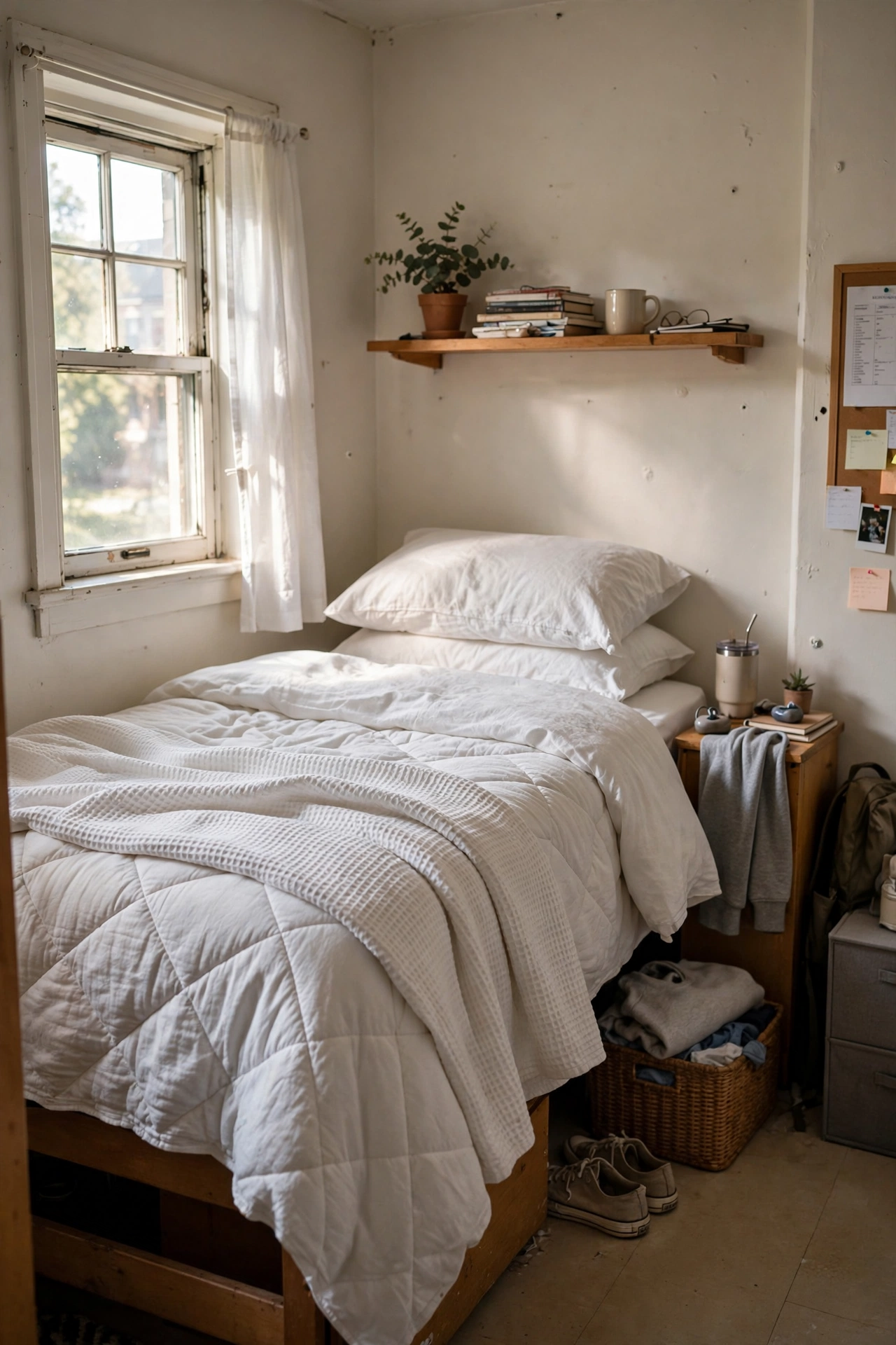 All-white linen dorm bedding ideas for a clean, airy college room