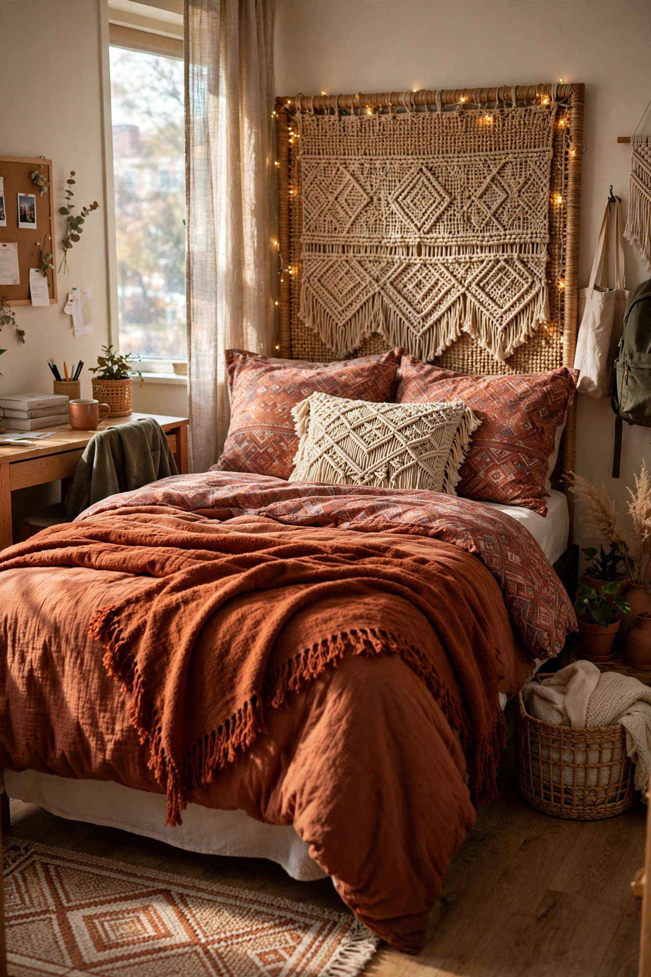 Boho-chic layered dorm bedding ideas in rust and terracotta tones