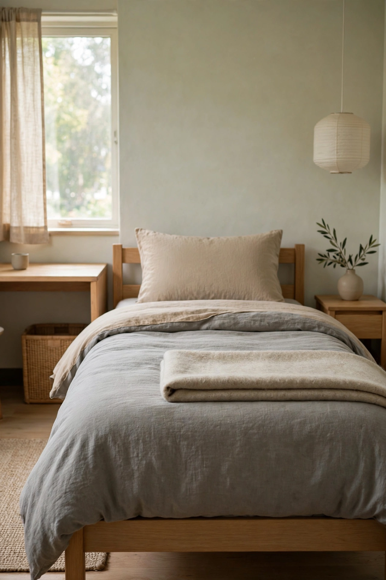 Minimalist Japandi dorm bedding ideas in stone gray and warm beige