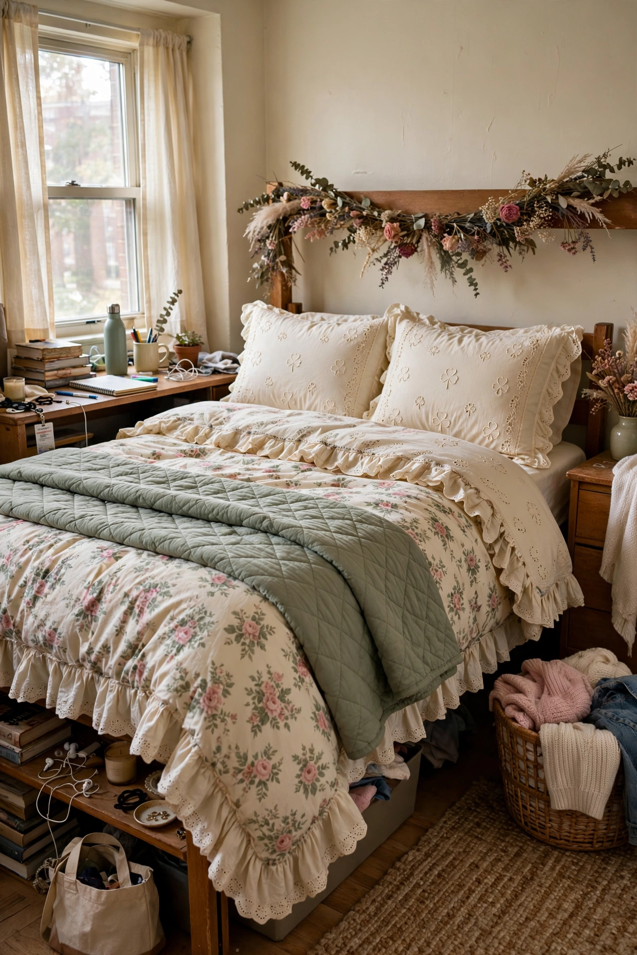 Cottagecore floral dorm bedding ideas in sage, dusty pink and cream
