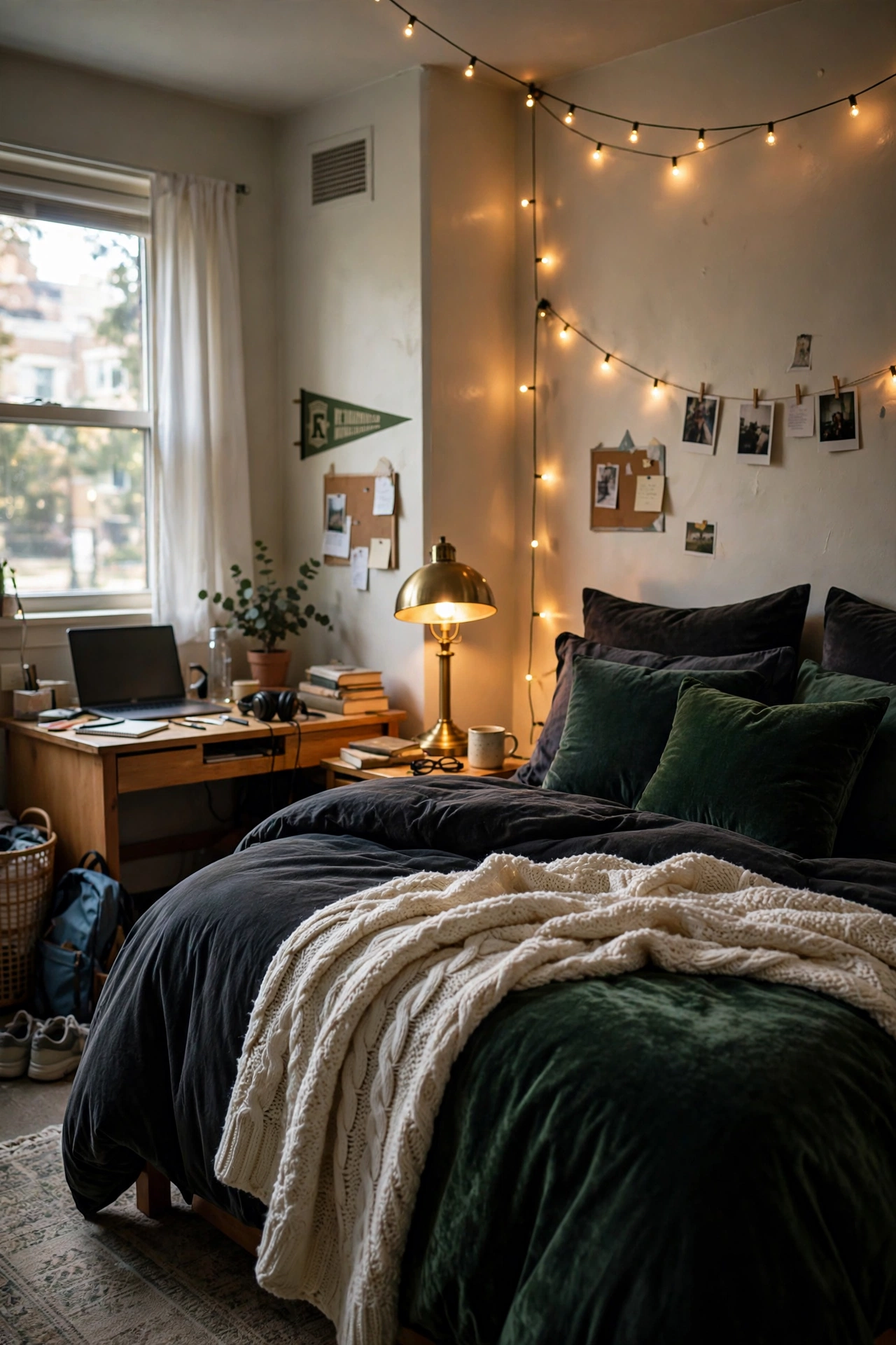 Dark moody dorm bedding ideas in charcoal and forest green velvet