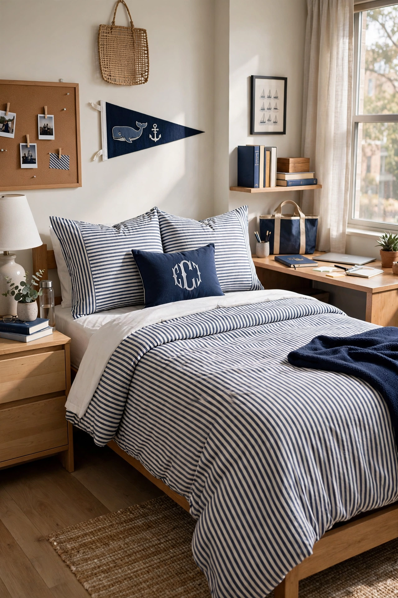 Preppy striped dorm bedding ideas in navy and white for college rooms