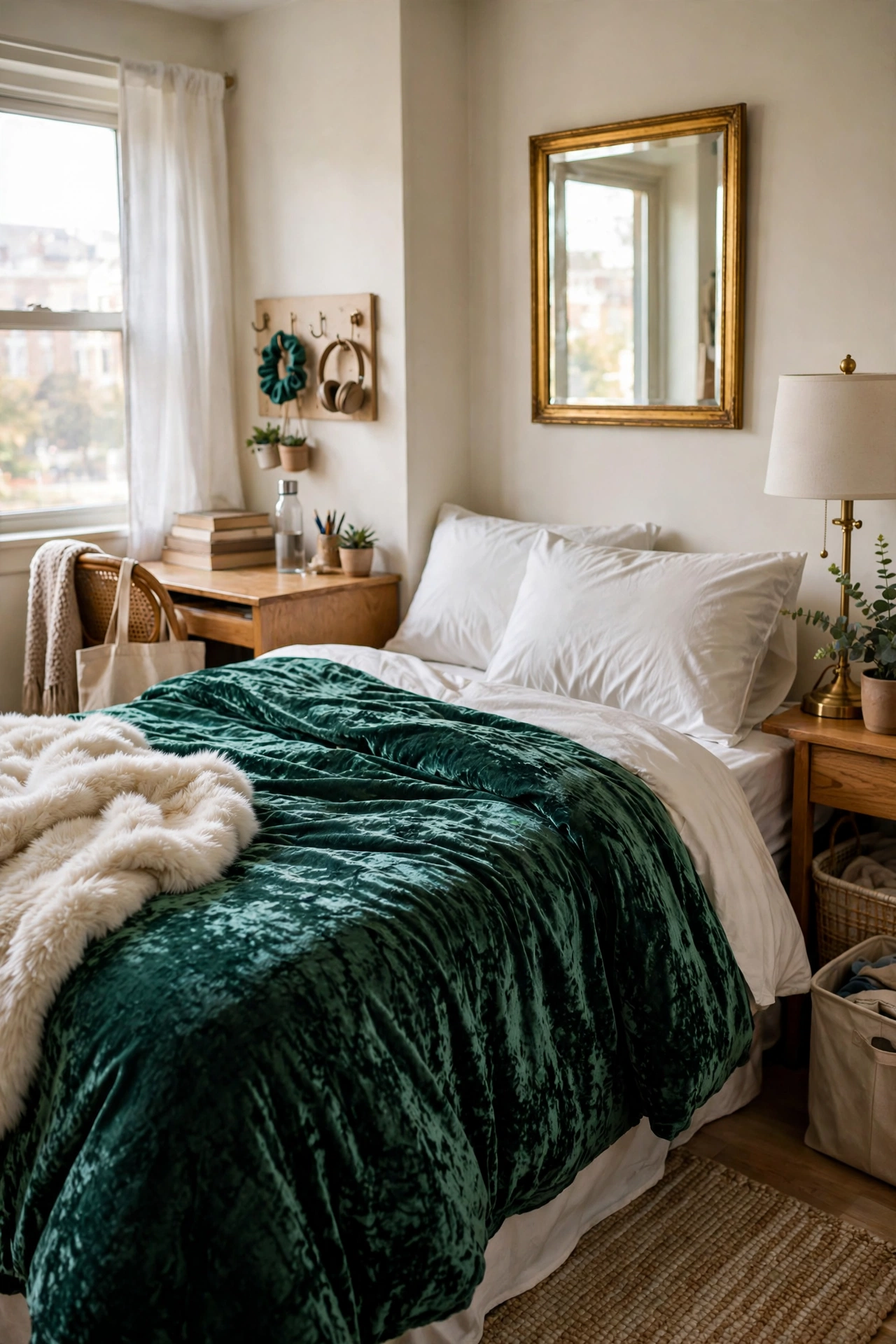 Glam velvet dorm bedding ideas with emerald crushed velvet duvet
