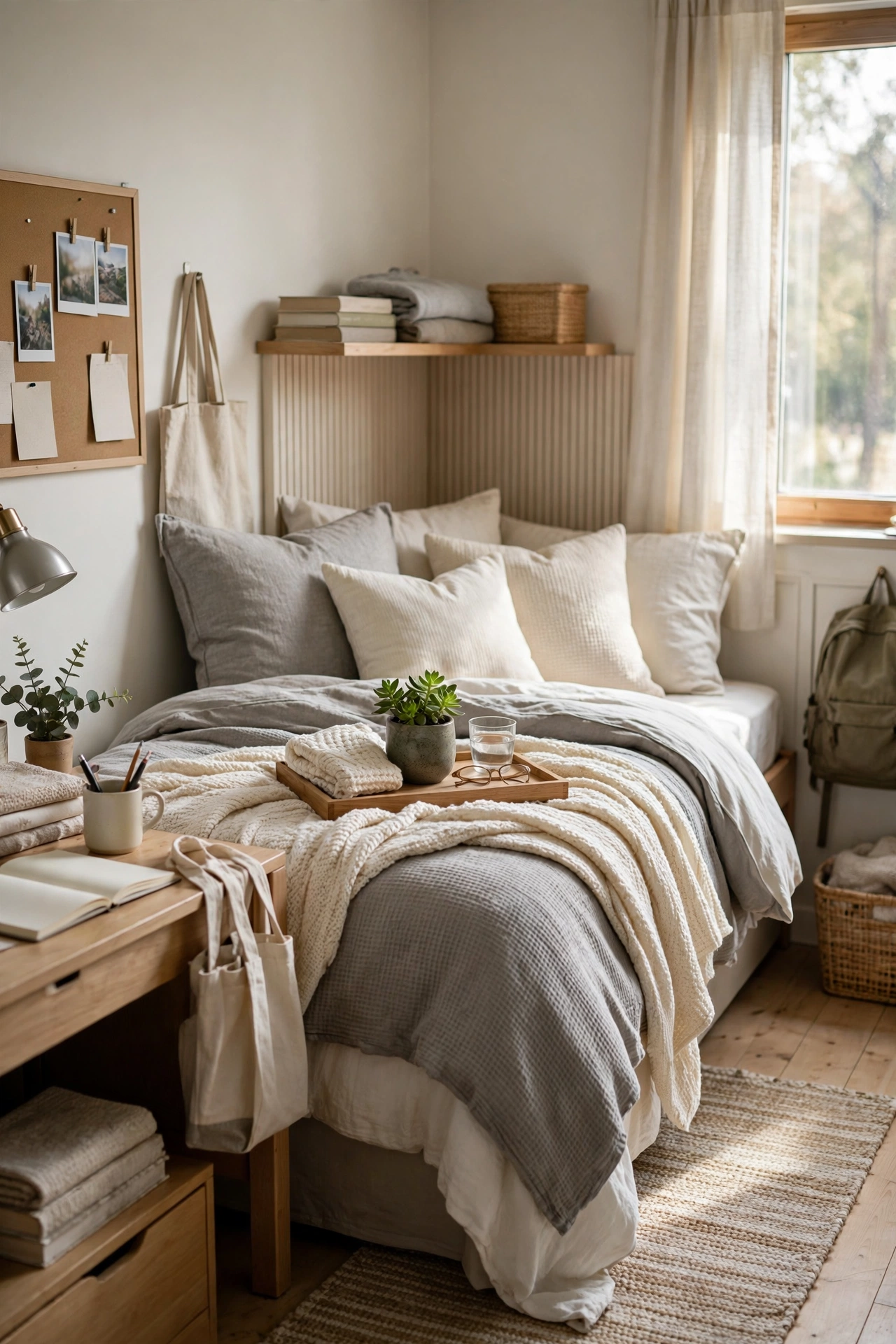 Scandinavian neutral dorm bedding ideas for small dorm spaces