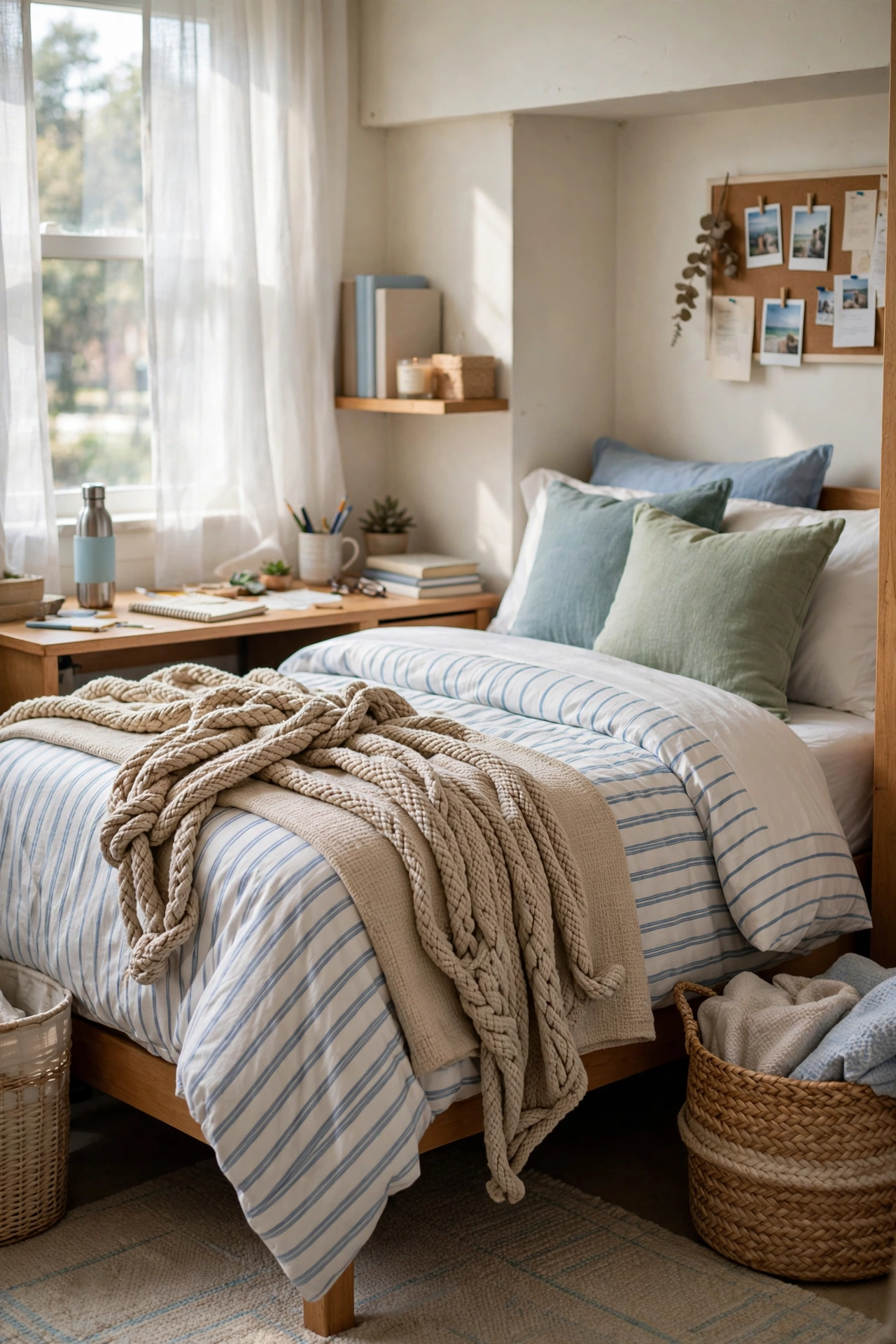 Coastal dorm bedding ideas in soft blues, sandy beige and white