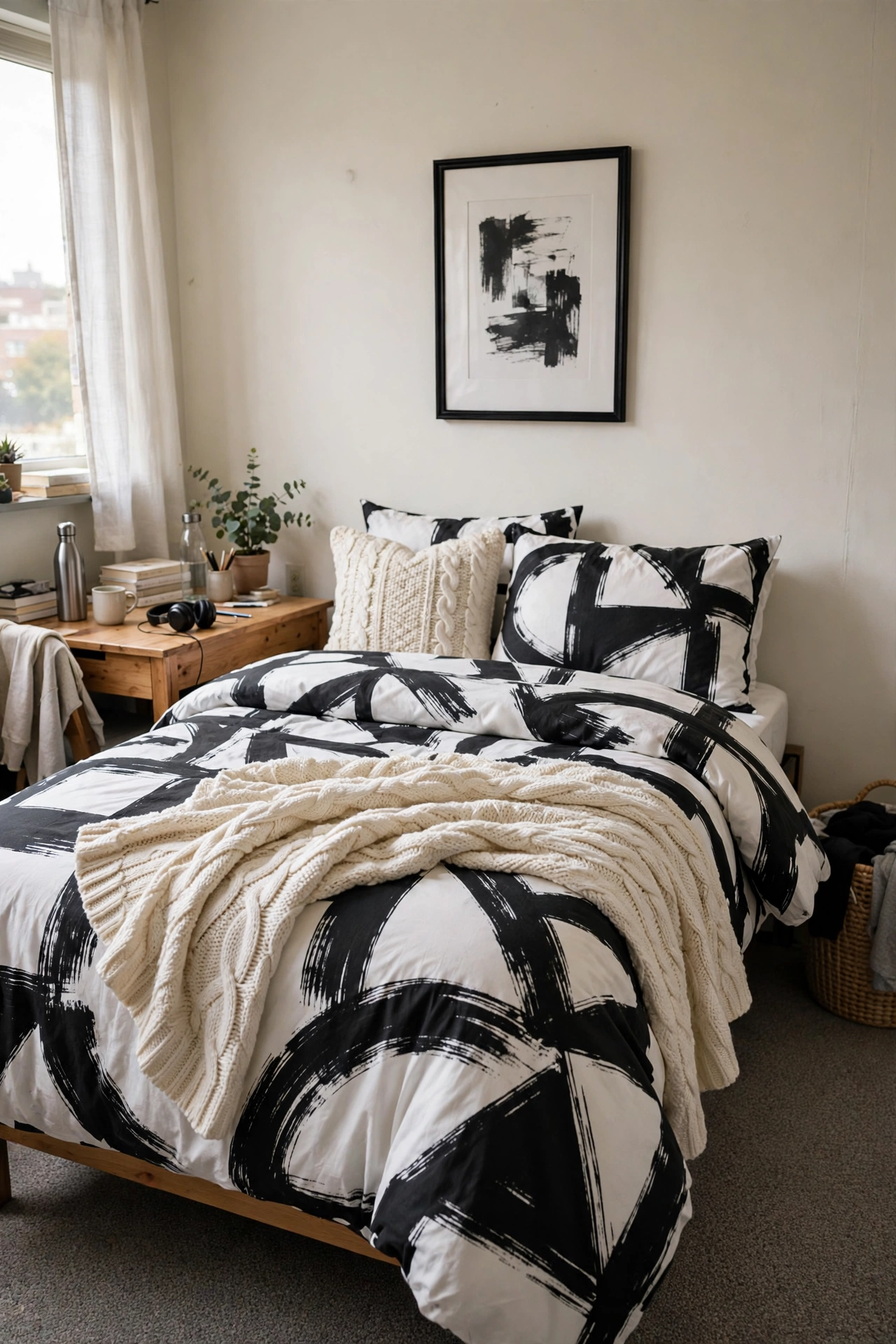 Monochrome black-and-white dorm bedding ideas with geometric pattern