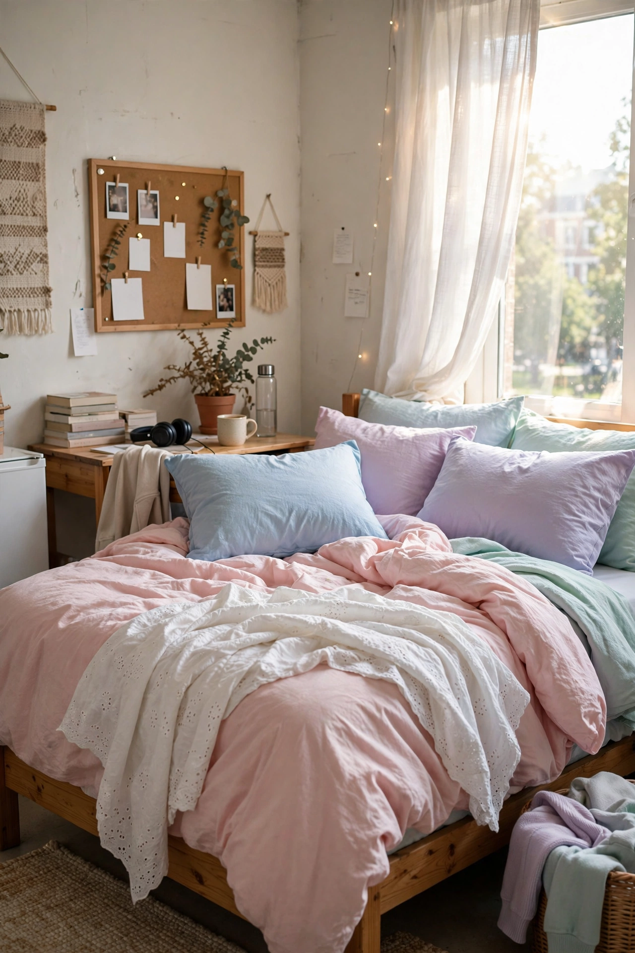 Pastel dorm bedding ideas in blush pink, powder blue, lavender and mint