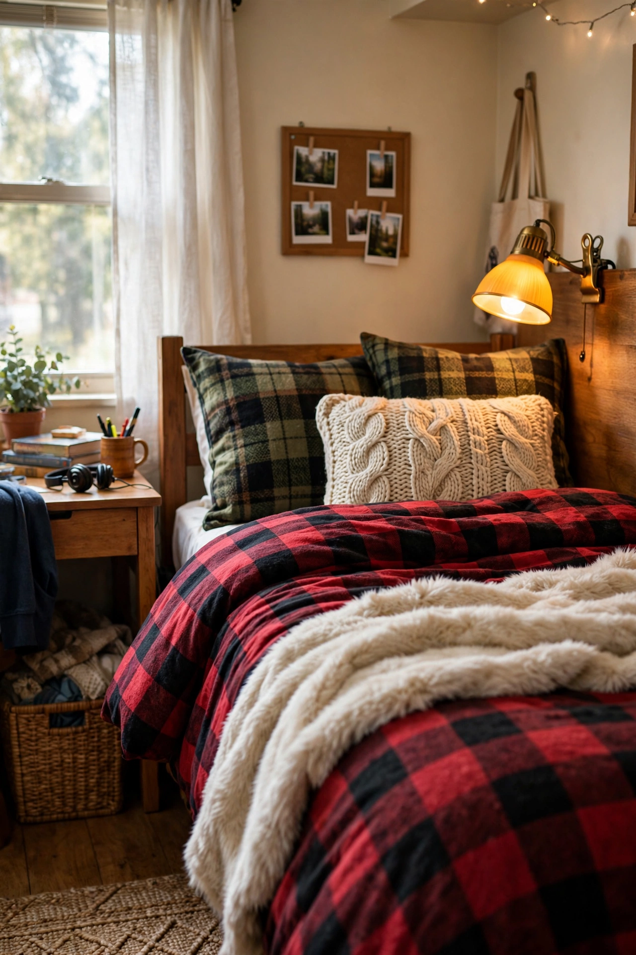 Rustic flannel dorm bedding ideas with red and black buffalo check