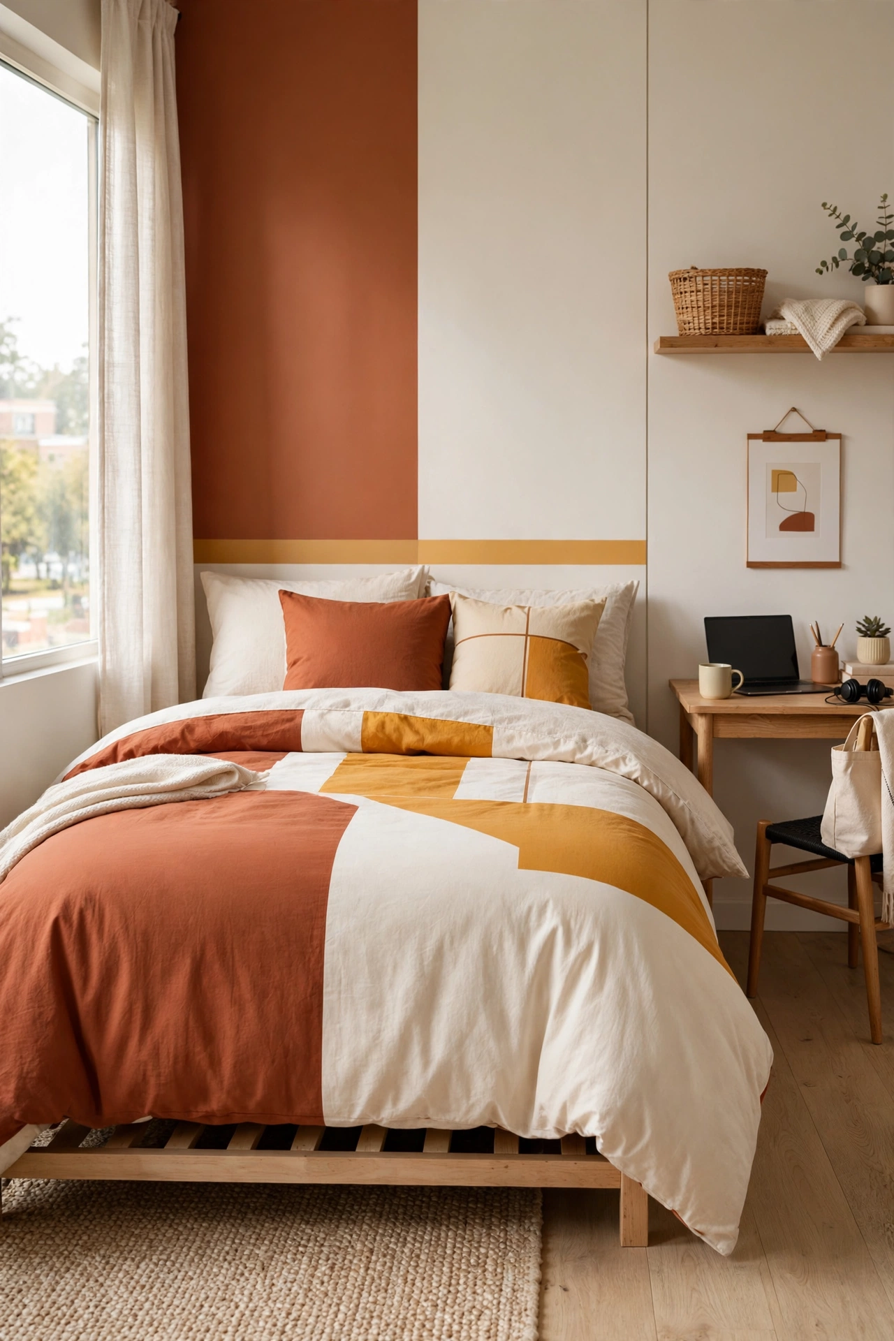 Bold color-block dorm bedding ideas in terracotta, cream and mustard
