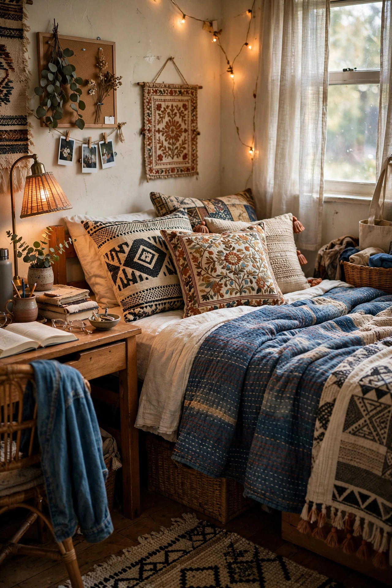 Eclectic global-textile dorm bedding ideas with mudcloth and suzani prints